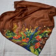 brązowy z kwiatami - habotai5 - szal jedwabny ręcznie malowany